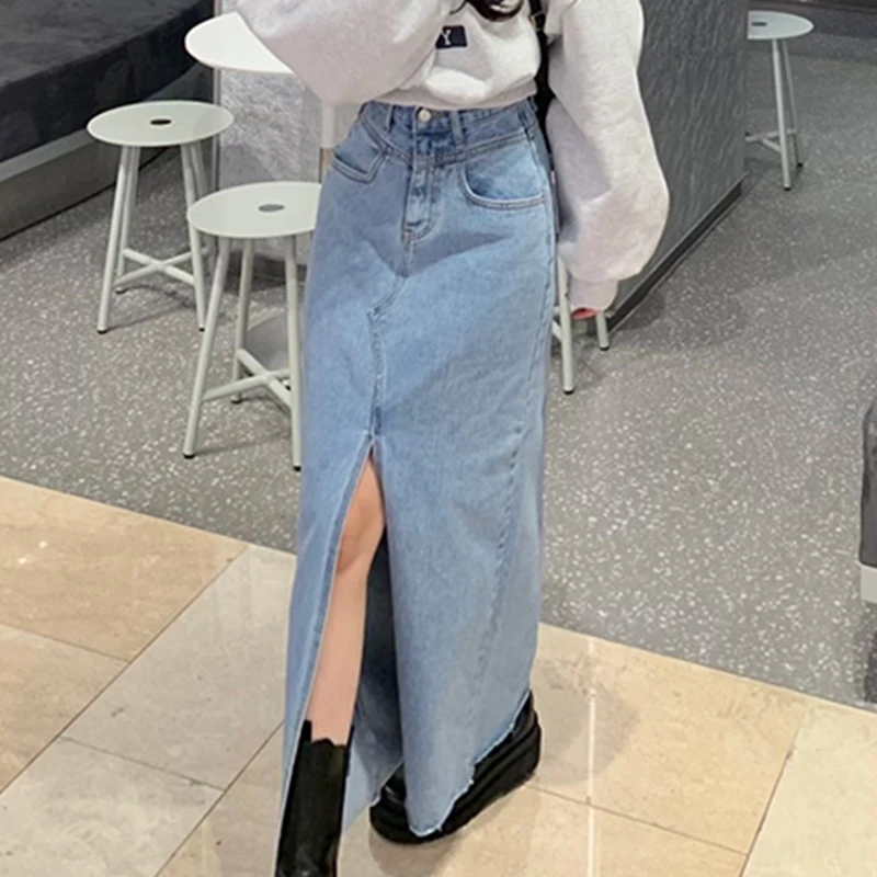 

Chic High Waist Long Denim Skirt Spring Vintage One Button Design Slimming A-Line Midi Skirt for Young Women 8-24 Years Old