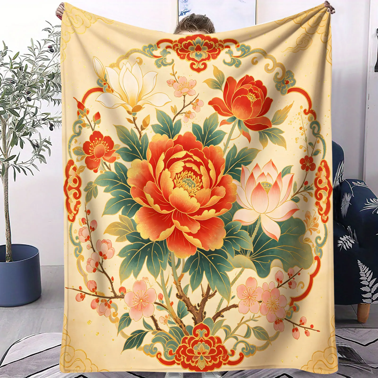 Chinese Traditional Peony Lotus Magnolia Plum Blossom Flannel Throw Blanket Vintage Oriental Auspicious Floral Plush Blanket