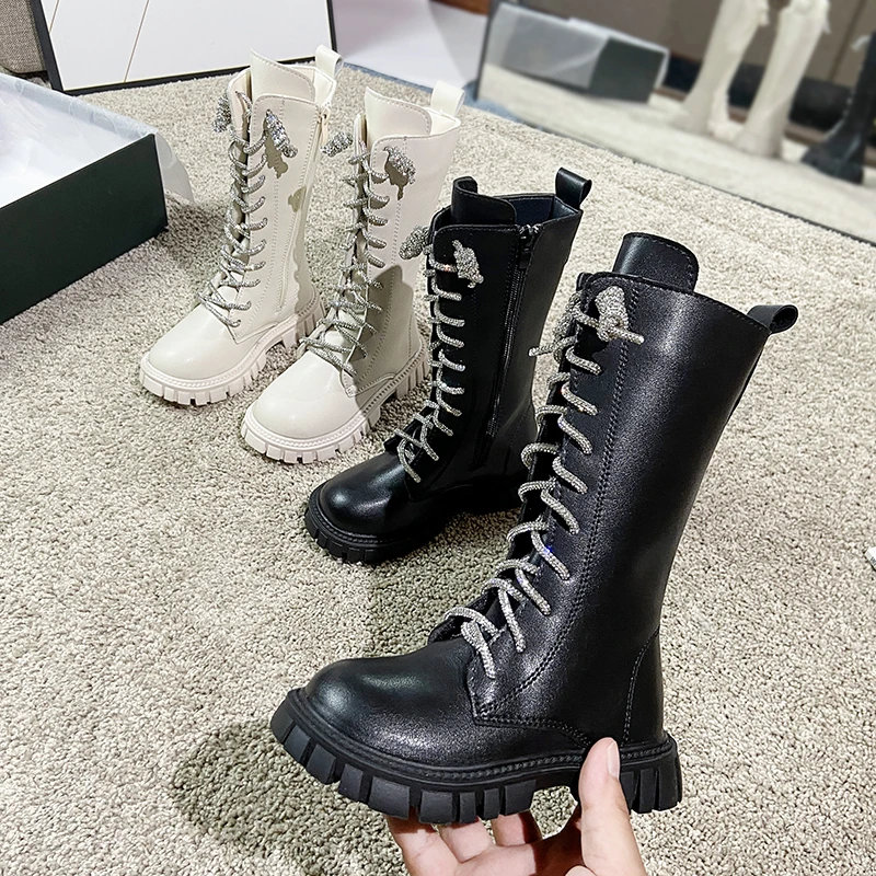 Children Knee-high Boot 2025 Girl Students Fashion Canister Boots Shoes Children Winter Cream-colored Flat Boots Antiskid Shoe