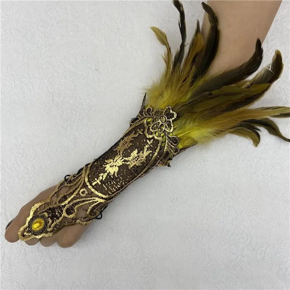 Witch Halloween Feather Gloves Retro Embroidery Halloween Feather Cuffs Halloween Dark Women Feather Lace Glove Festival