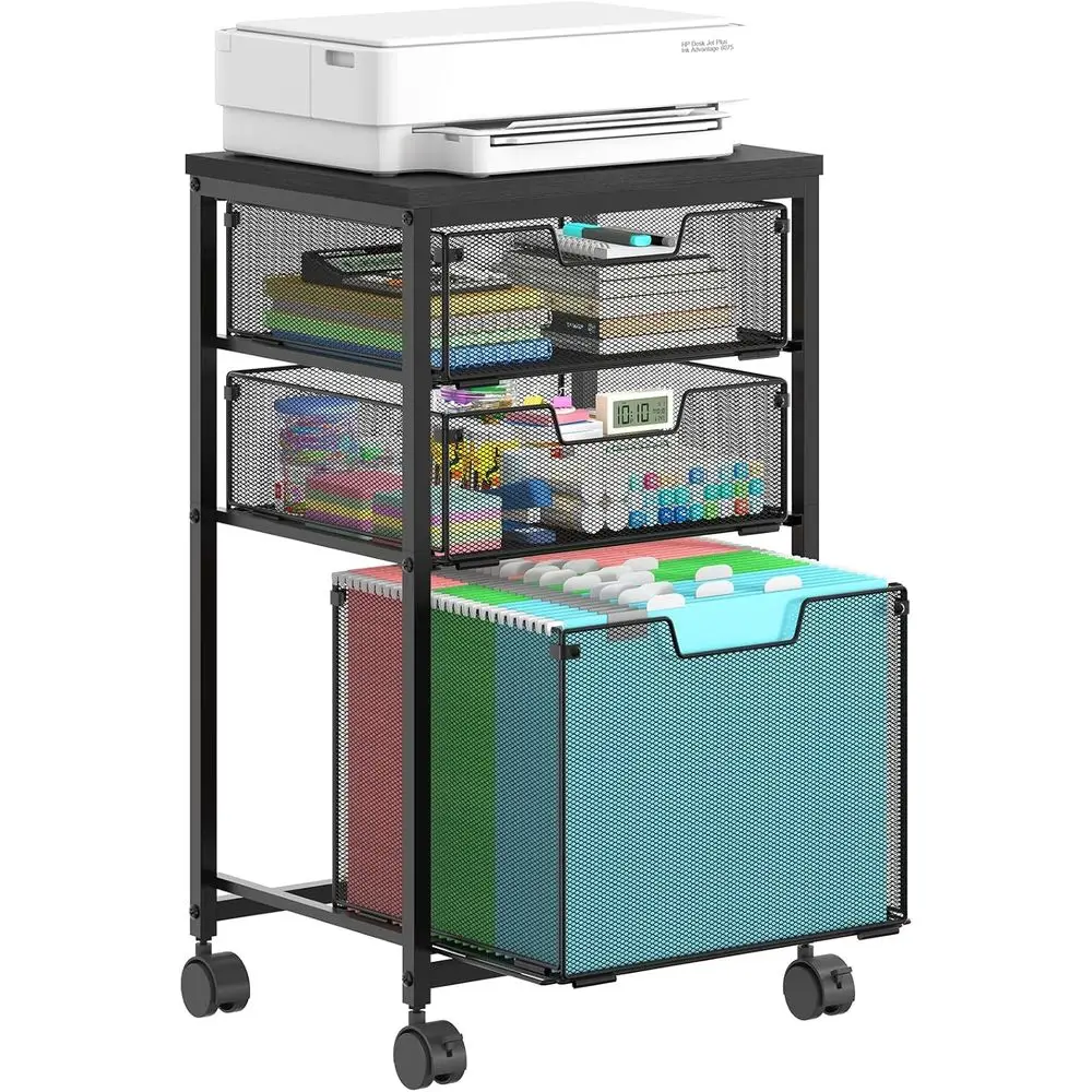

3-Shelf Mobile Cart, Rolling Storage Cabinet, Hanging File Holder Organizer, Under Desk Utility Cart, Printer Stand for Home Off