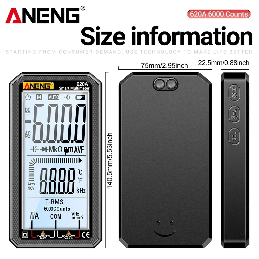 Aneng 620aプロスマートマルチメーターAC/DC電圧メーターマルチテスター電気容量メーター温度オーム電流テスターツール