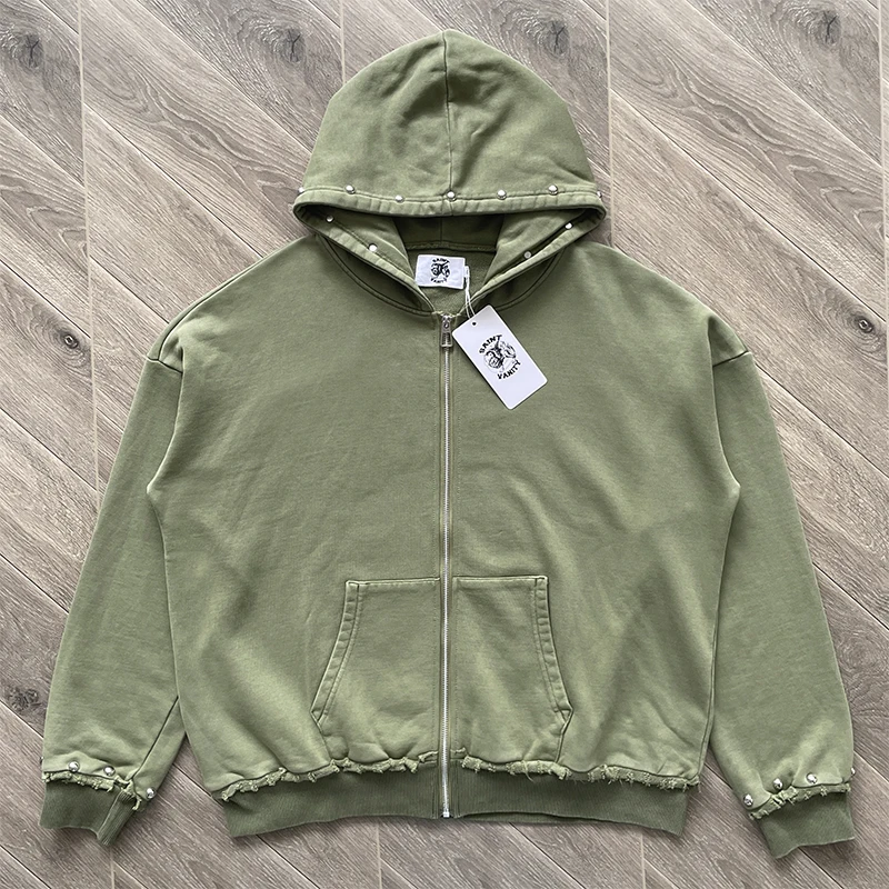 

Green Saint Vanity Embroidery Rivet Zipper Hoodie Washed Burr Clothes Men Women High Quality Washed Loose Casual Hooded Jackets