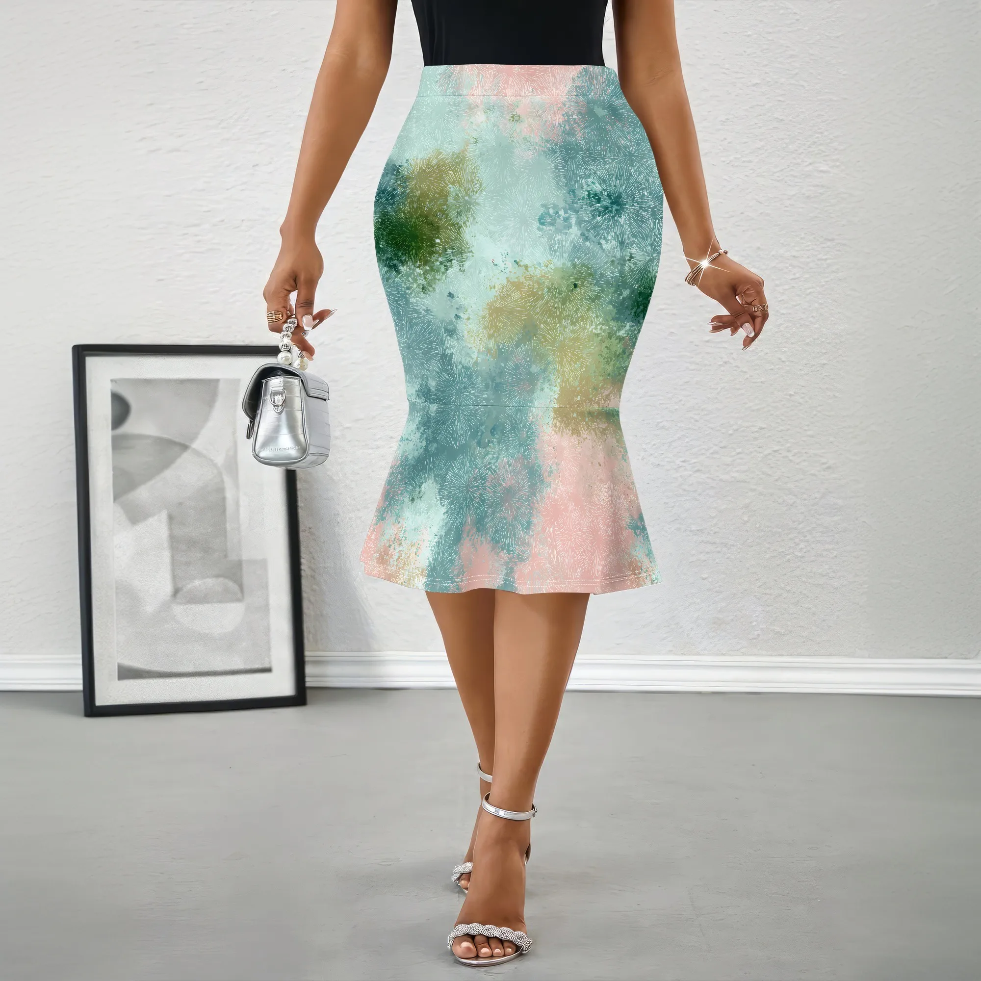 Artistic Print Skirt, Watercolor Style Pencil Skirt, Abstract Design Midi Skirt, Soft Fabric Office Wear, S-2XL