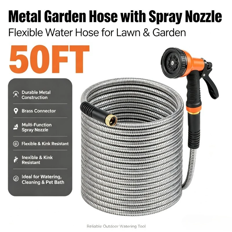 Metal Garden Hose 50 ft, Stainless Steel Metal Garden Hose with 10 Pattern Spray Nozzle, Flexible Anti-Kink Heavy Duty Water Hose for Yard Lawn Car Washing Outdoor Gardening