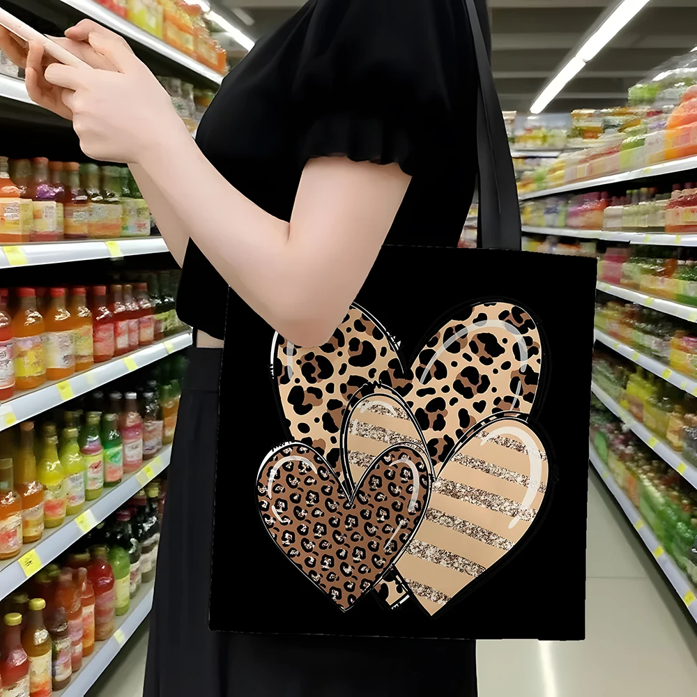 

1pc Leopard Print Heart Canvas Tote Bag – Cute Triple Heart Pattern with Leopard & Glitter Stripes, Eco-Friendly Shoulder Bag fo