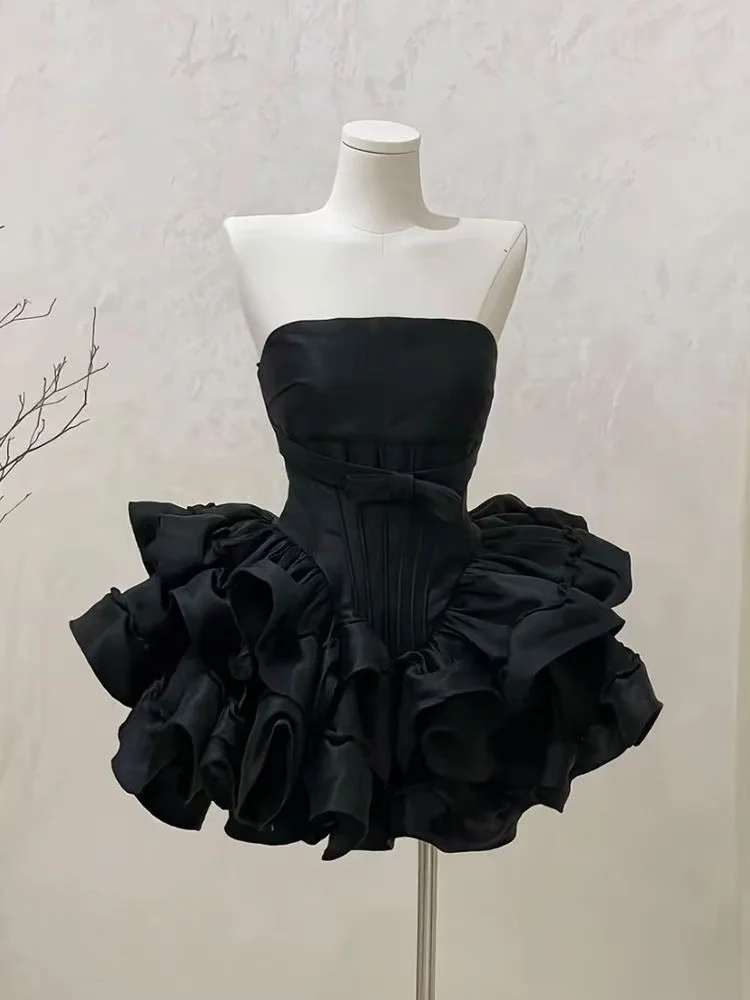 

Women Korean Vintage Ruffle Skinny Sleeveless Dresses Female Party Sweet Clothing New Summer Chic Slim Off Shoulder Black Dress