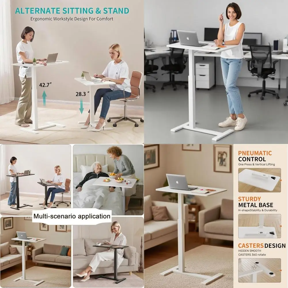

Adjustable Height Laptop Desk with Wheels, Portable Sit-Stand Desk for Home Office in White
