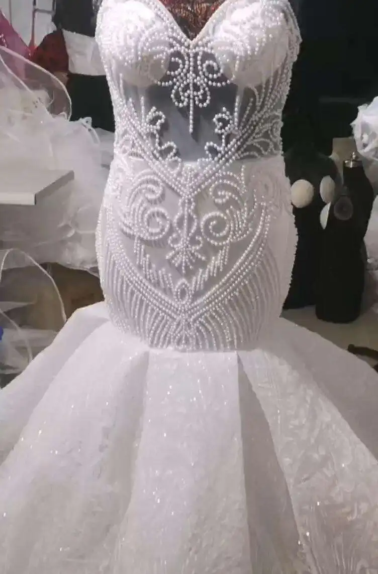 Customized Gorgeous High Neck See Through Full Appliques Beads Wedding Dress Chapel Train Long Sleeves Plus Size Corset Back