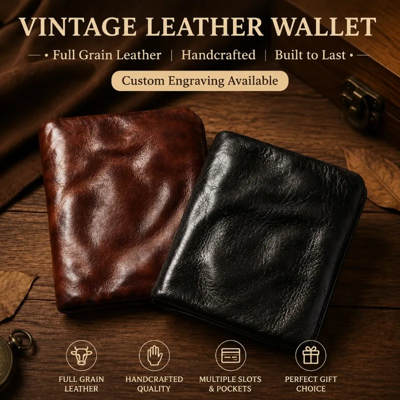 Vintage Handmade Vegetable Tanned Leather Wallet Vertical Card Holder Wrinkle Design Leather Purse Personalized Engraved