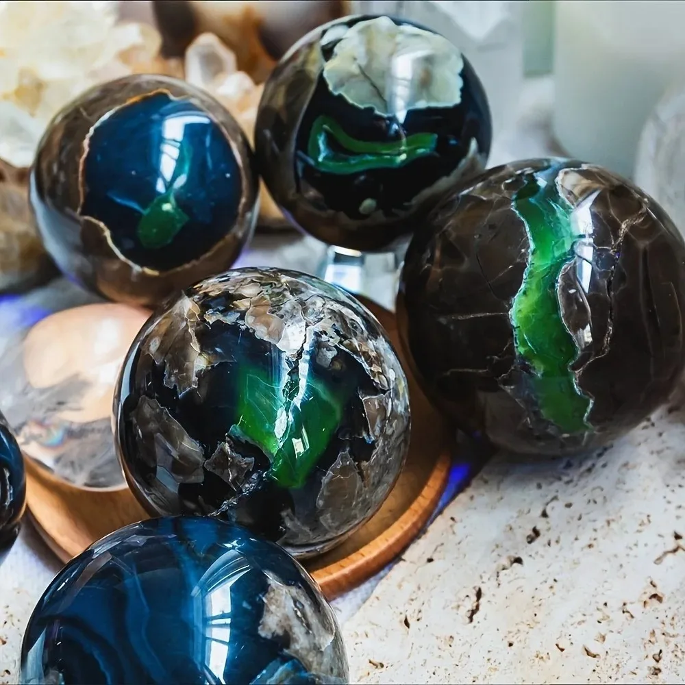 Glowing Green Fluorescent Agate Sphere, Natural UV Reactive Volcano Crystal Ball with Druzy Sparkle, Healing Energy