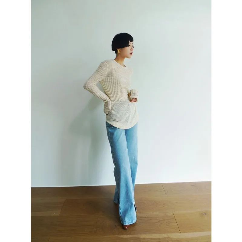 طويل من الأمام وقصير الظهر كبير تمتد حفرة الشريط محبوك مزاجه قاع قميص جولة الرقبة طويلة الأكمام تنوعا السترة #6