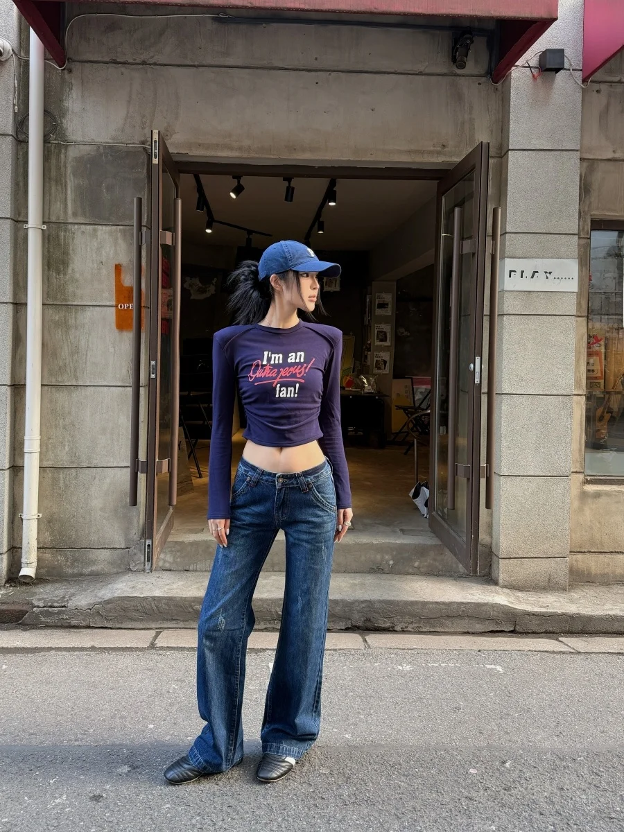 

Tristine американские ретро джинсы-колокольчики с низкой талией женские свободные прямые джинсовые джинсы осень-зима фланелевые подходят всем