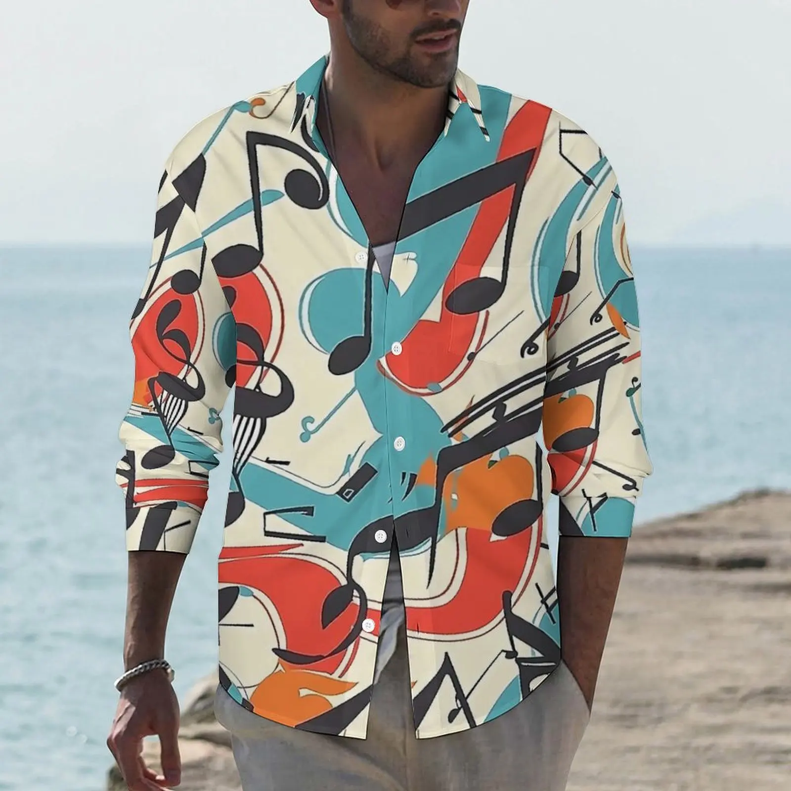 Colourful Music Note Print Casual Shirts Men  Shirt Long Sleeve Trending Street Style Blouses Spring Printed Top Big Size