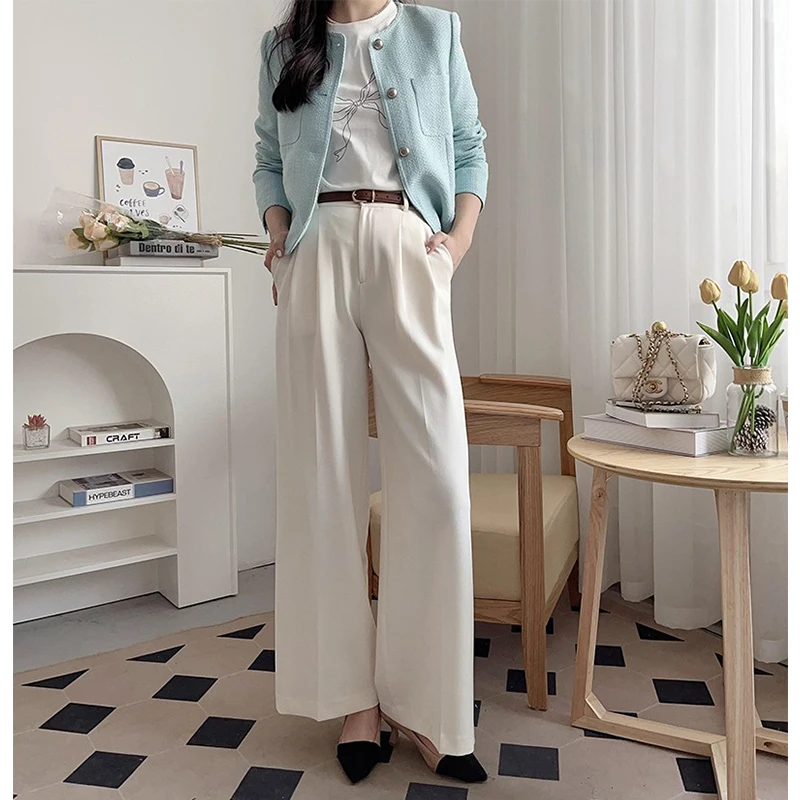 

Ele High Waist Wide Leg Pants Women's Double Pleat Conceal Meat Long Leg Faionable Commute Polyester Fiber China