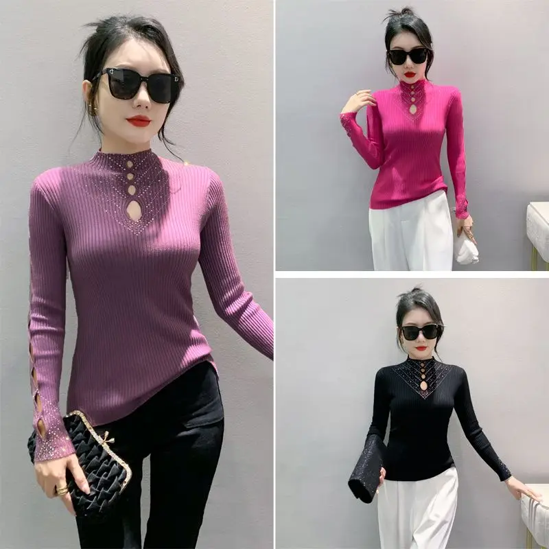 Women Half High Neck Hollow Out Knitwear Autumn Winter New Fashion Slimming Heavy Industry Hot Drilling Sweater Pullover