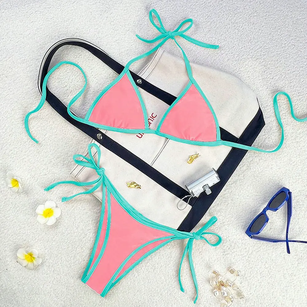 ชุดบิกินี่วินเทจสีน้ำเงิน ทรงสามเหลี่ยม สายผูก ชุดว่ายน้ำแบบดันทรง เปิดหลัง บิกินี่สุดเซ็กซี่ ชุดชายหาดสำหรับผู้หญิง ชุดว่ายน้ำ