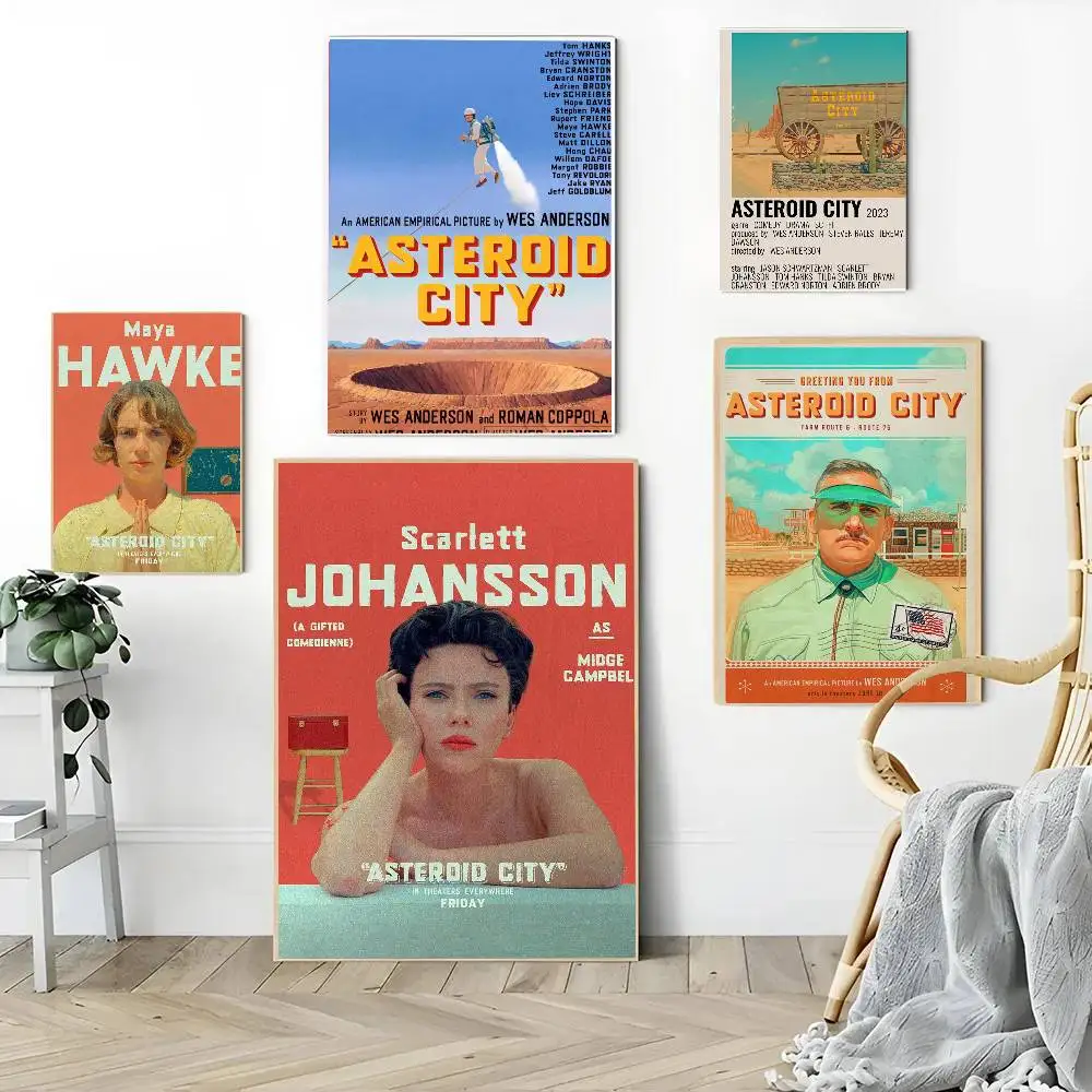 1PC Classic Wes Anderson Film Series Asteroid City Movie poster Self-adhesive Art Waterproof Paper Sticker House Room Wall Decor