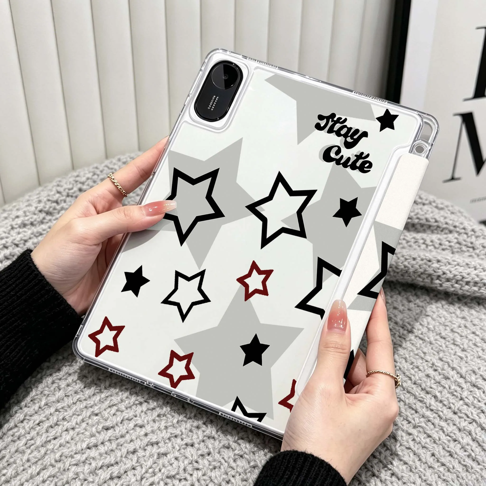 Star Pattern Design For Xiaomi Redmi Poco Pad 5 6 7 8 Pro SE 11 11.2 12.1 Inch Transparent Y-Shaped Folding Tablet Case
