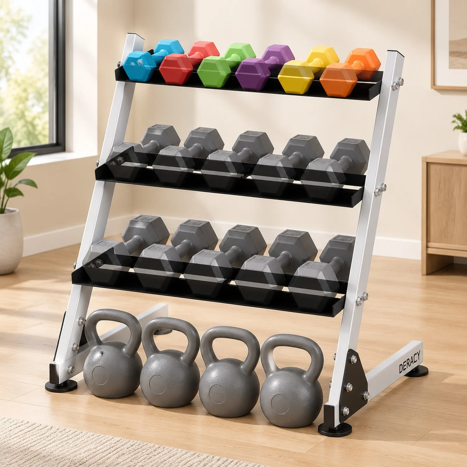Dumbbell Rack, 3-Tier Weight for Home Gym, Set Organizer Kettlebell Barbell, Heavy Duty Storage, Stand Only