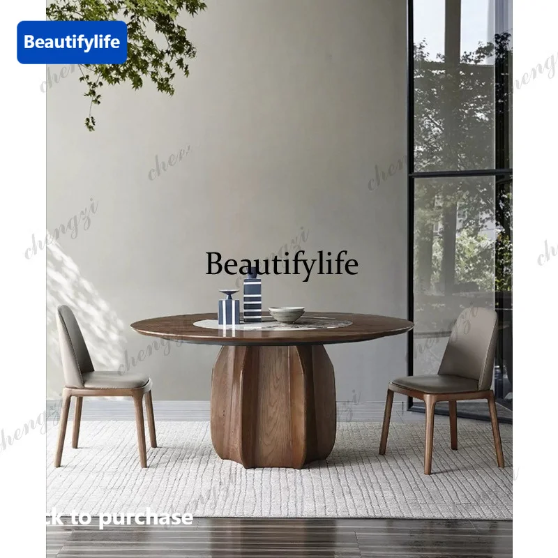 Imported rock slab round dining table embedded with turntable modern Chinese solid wood dining table and chair combination