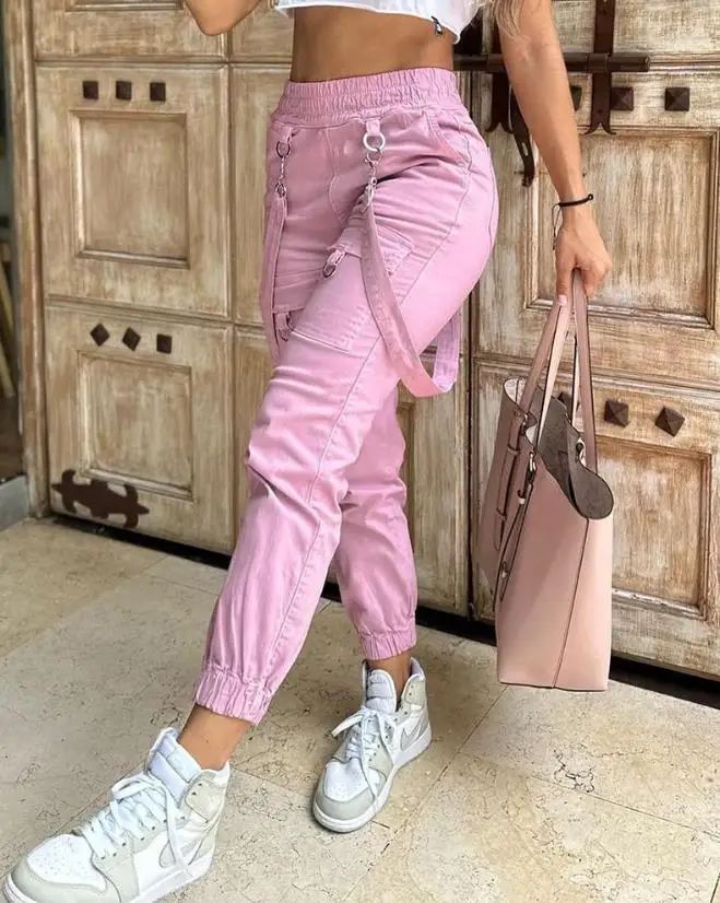 Pantalon cargo taille haute pour femme avec poches, pantalon uni décontracté, pantalon à bretelles longues, streetwear Y2K, mode printemps, 2024, 03