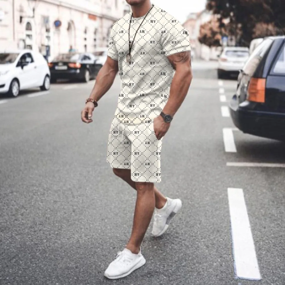 New Mens T-shirt  Shorts Set 2 Piece Summe Men\'s Cotton Suitr  Casual Fashion Sports Suit Beach Oversized Sportwear Streetwear