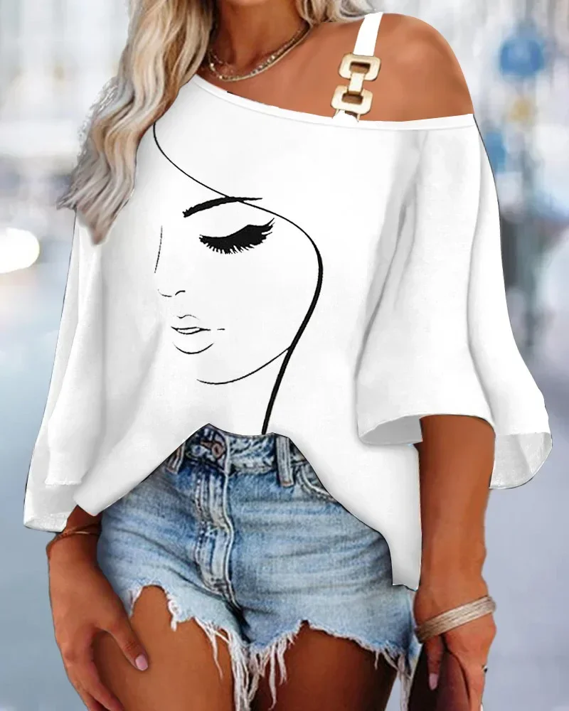 Oberteil mit abstraktem Linienmuster, One-Shoulder-Design, Metallriemen und Volantärmeln, lockere Bluse für den täglichen Büroalltag – Detail 7