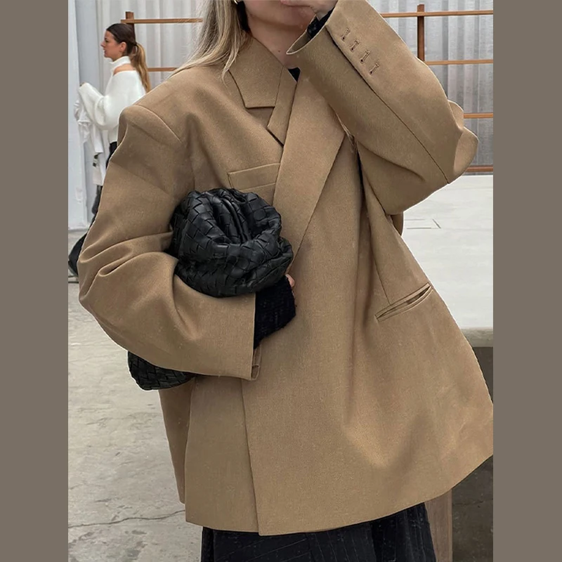 

Women Elegant Temperament Blazer Coat Autumn Casual Lapel Long Sleeved Outwears Fashion Street Solid Color Loose Oversize Jacket