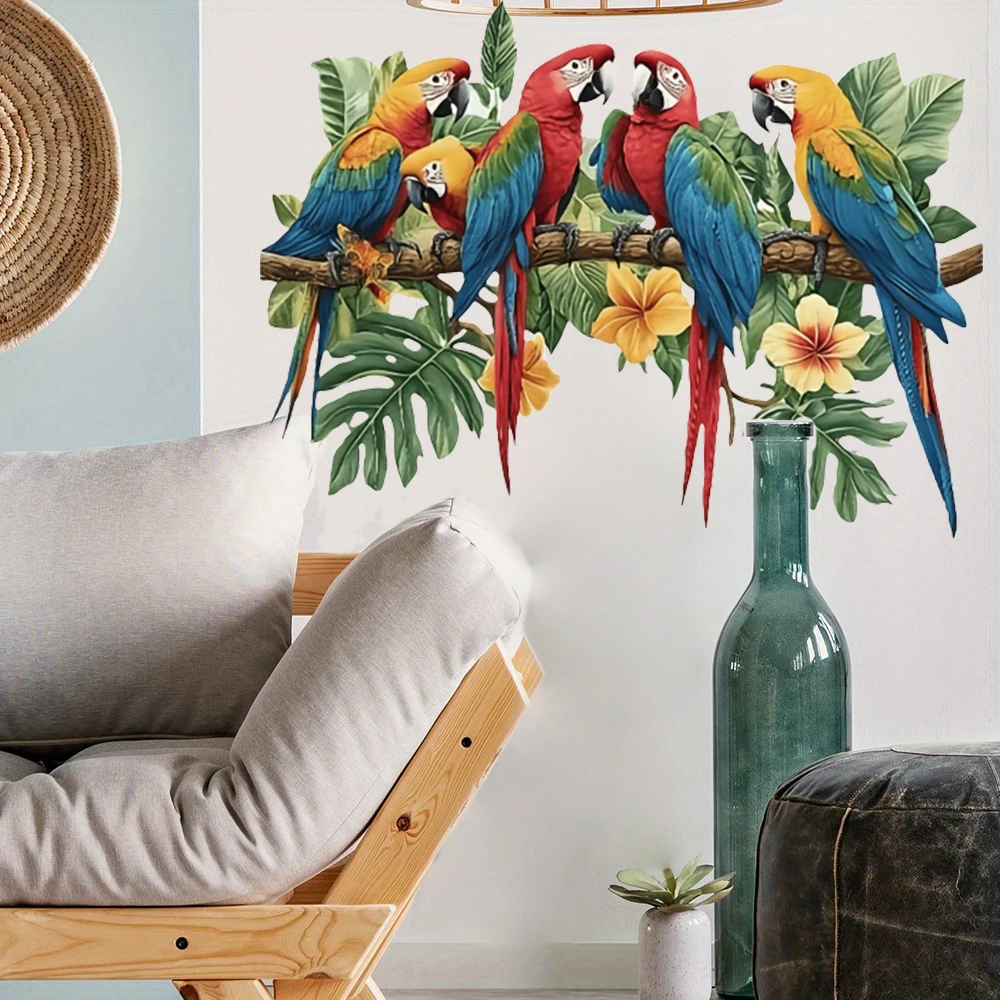 3Pcs Parrots on Branch Wall Stickers Bedroom Playroom Vibrant Tropical Foliage Bird Wall Decals Baby Nursery Living Room view 2