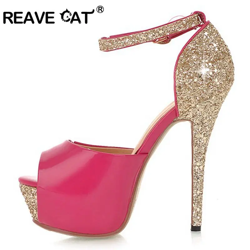 REAVE CAT Women Bridal High heel pumps Peep toe Stiletto Thin heels 13cm Platform Buckle Size 34-43 zapatos de