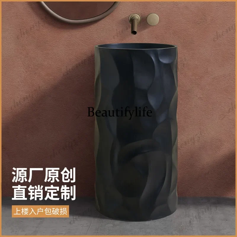 Y136  Modern Simple Household Black Pillar Artificial Stone Washbasin Hotel Clubhouse Bathroom Floor-to-ceiling Washbasin