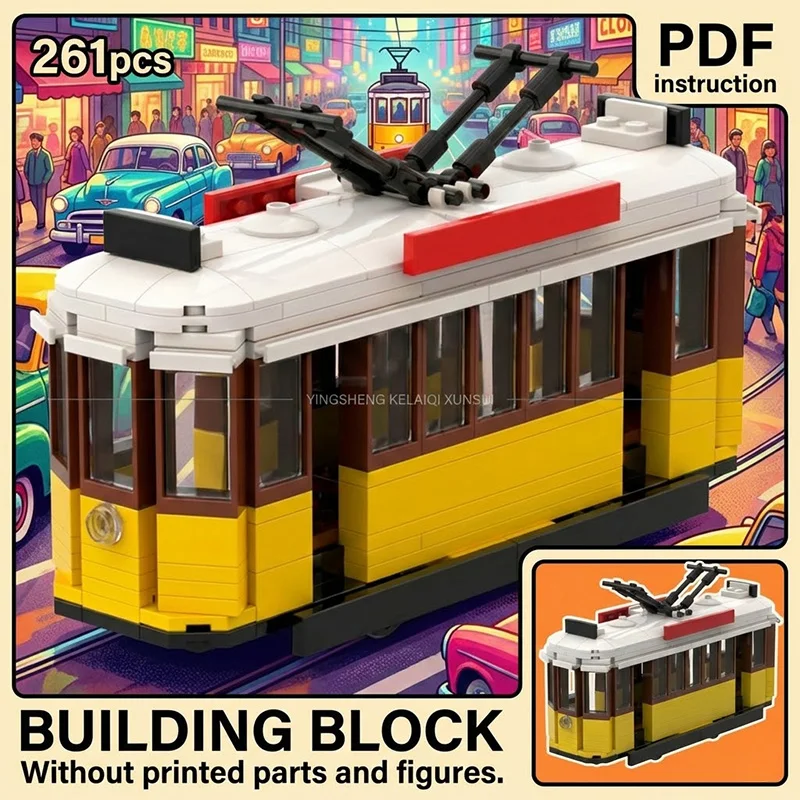 

MOC Vintage Yellow City Tram Streetcar with Pantograph Railway Train Block Model
