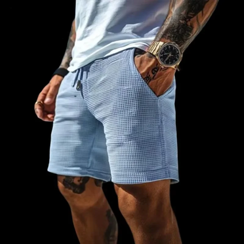 

Модные мужские шорты на шнуровке, весна-лето 2024, повседневные шорты в вафельную клетку на шнурке, мужские дышащие свободные короткие брюки для отдыха