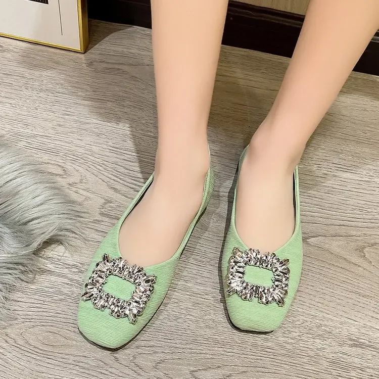 Black Satin Cloth Flats Shoes Woman Basic Sequined Rhinestones Crystal Diamond Buckle Flats Fashion Bridal Shoe Work Women Shoes