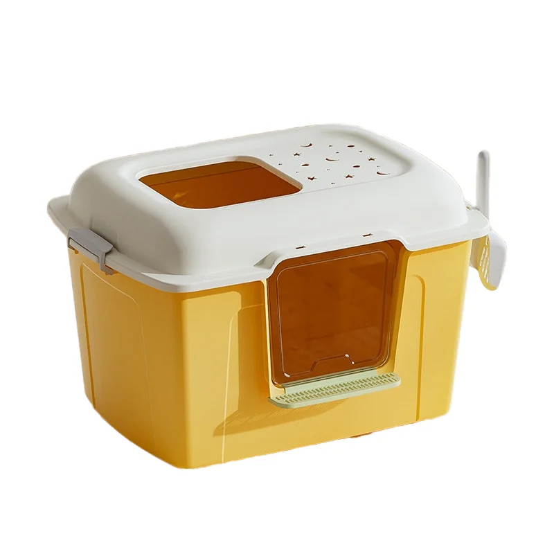

@#Large Kitten Litter Box Sturdy Top Entry Lid 20L Plastic Inner New Arrival Closed Spill Proof Cat Toilet Tray Scoop