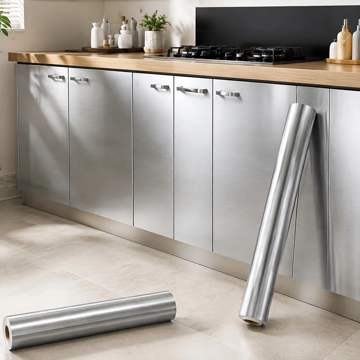 Brushed Silver Decorative Film With Stainless Steel Texture Oil-Resistant Heat-Resistant For Kitchen Countertop And Cabinet.