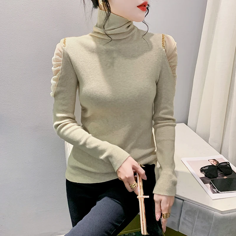 

2023 New Fall Winter European Clothes Knitted Sweater Fashion Sexy Women Patchwork Chain Mesh Turtleneck Long Sleeve Tops 39344