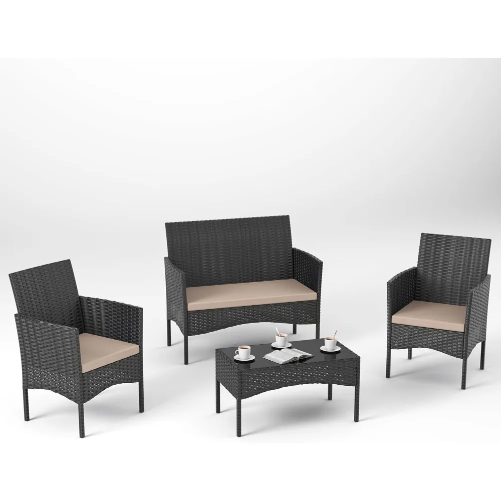 

4-piece outdoor terrace furniture set, willow conversation set with coffee table, soft cushing and willow terrace chairs