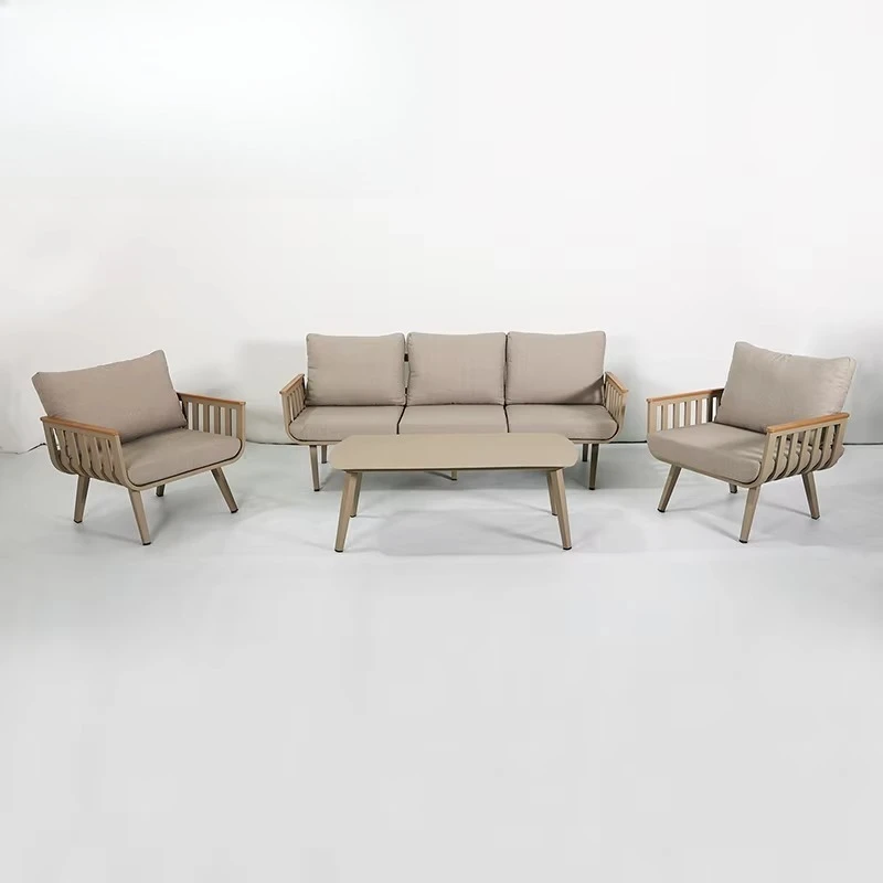 أريكة صالة مقاومة للماء باللون البيج والأسود الفاخرة الحديثة من الألومنيوم للحديقة والفناء والأثاث الخارجي طقم أريكة مقطعي للفناء #3