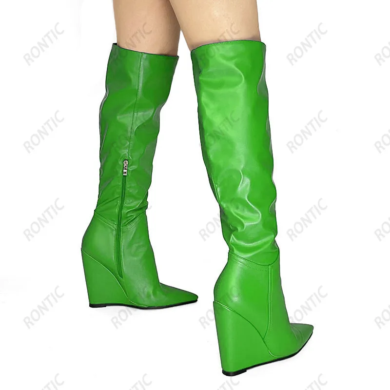 

Rontic женские зимние сапоги до колена ручной работы с боковой молнией на танкетке, красивые синие банкетные туфли с острым носком, размер США 5-15