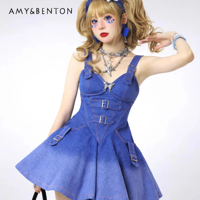 

Original Design Blue Y2K Hot Girl Slimming Women's Camisole 2025 Summer New Sweet Cool Sexy Irregular Denim Dress Sets Ladies