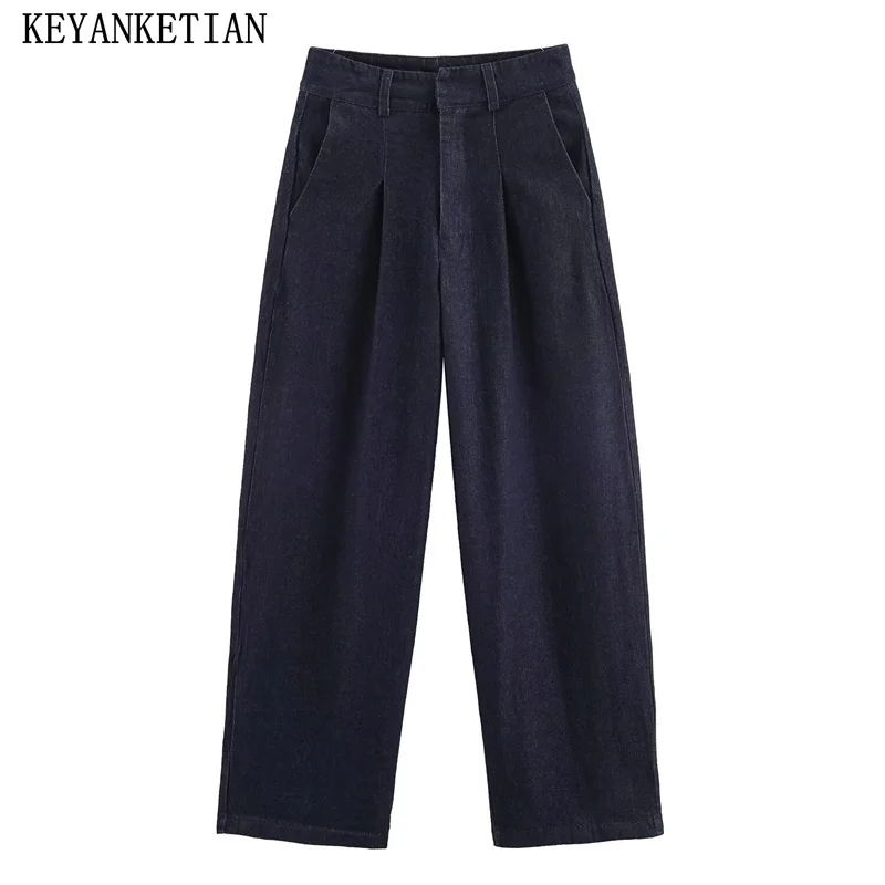 KEYANKETIAN الخريف جديد الملابس النسائية الرجعية غسلها مطوي الدينيم السراويل بنطال ذو قصة أرجل واسعة مستقيم الساق السراويل النساء السراويل
