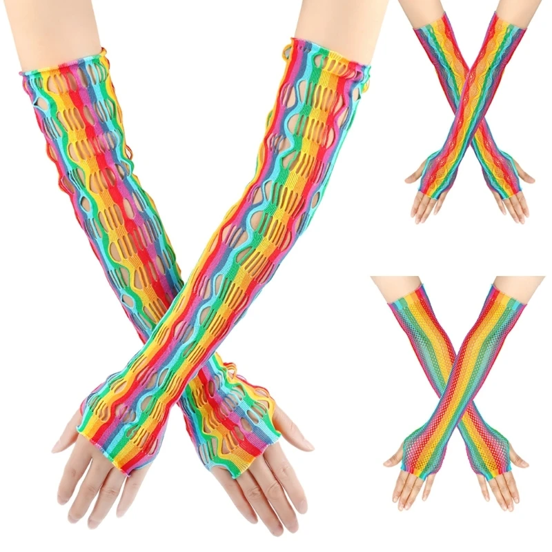 Distress ถุงมือ Hollowed Fingerless Rainbow ถุงมือ Lady Carnivals Party Handwear