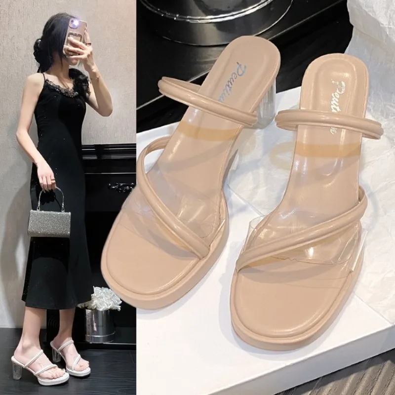 Summer High Heels Women Shoes Fashion Transparent Heels Sexy Hollow Breathable Slippers Square Toe Female Clear Heels Slides