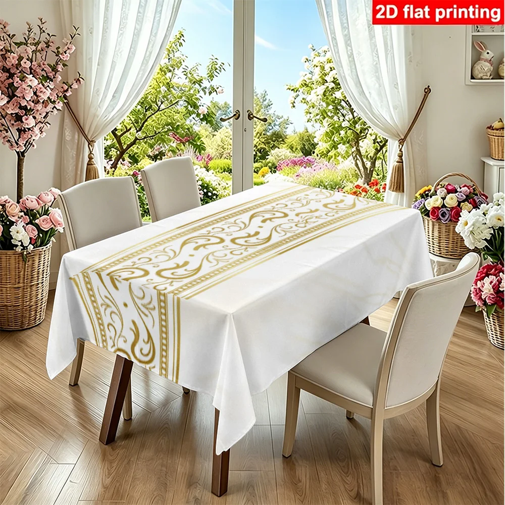 1PC Rectangular table runner printed with gold swirl vine pattern on white marble texture, made of durable polyester fabric, sui