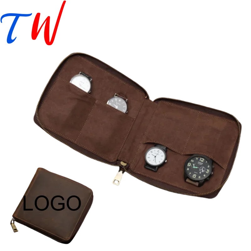 Retro Watch Box 4 Slots Family Outdoor Travel Zipper Watch Storage Box Case Genuine Leather Watch Case Box Free Custom Logo OEM