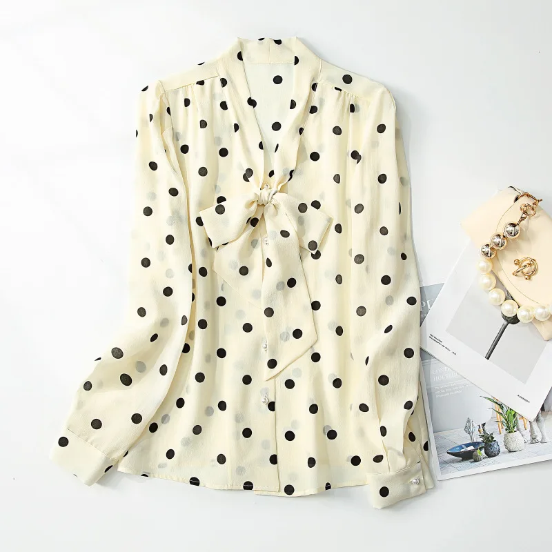 Birdsky, 1PC Women blouse tops pullover top V neck bow tie long sleeve 100% real mulberry silk polka dot, S-663