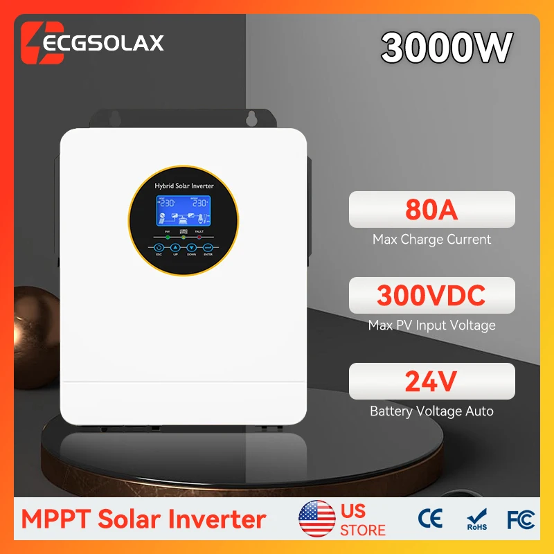 ECGSOLAX US 3KW Split Single Phase Hybrid Solar Inverter 120V Pure Sine Wave 24V Built-in MPPT 80A