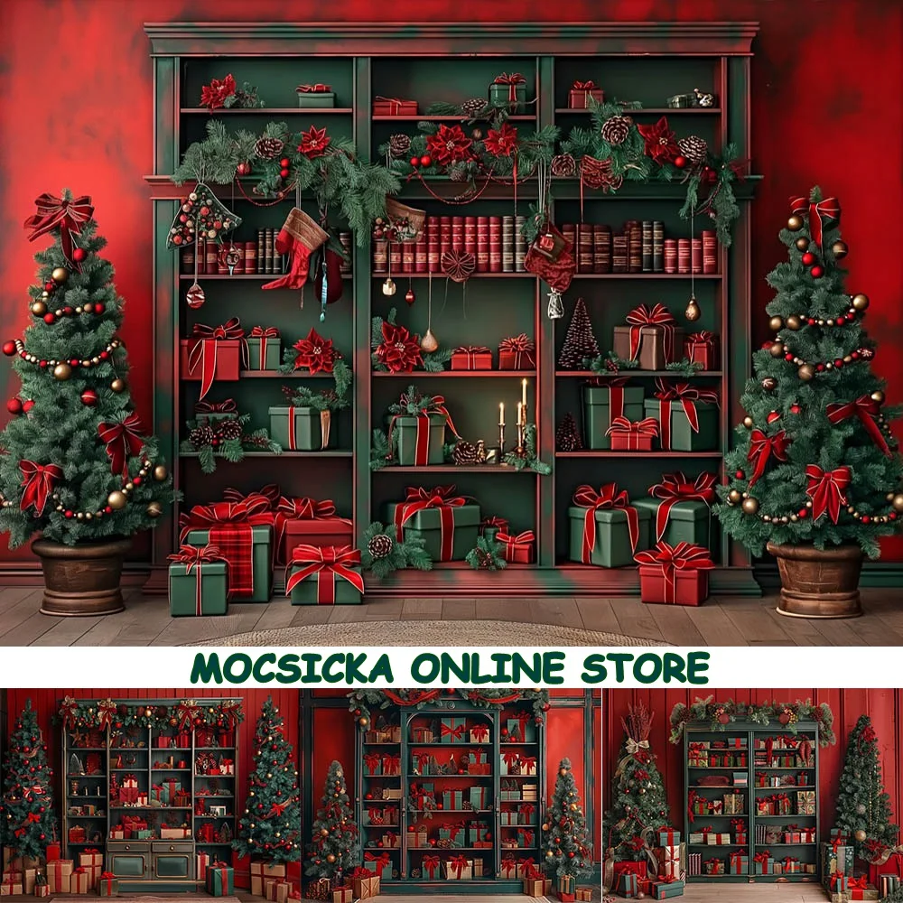 

Mocsicka Christmas Photography Backdrops Vintage Red Gift Cabinet Wall Xmas Tree Gifts Boxes Baby Kids Portrait Photo Background